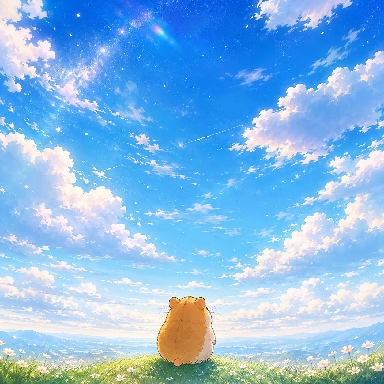 広い青空を見上げるハムスター